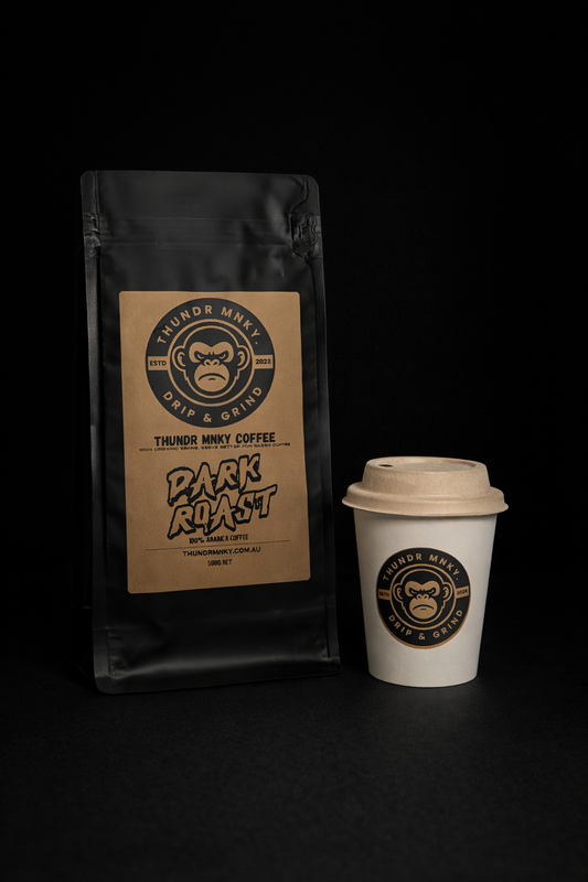 THUNDR MNKY Coffee — Dark Roast Bold. Gritty. Built for early starts and late finishes.